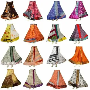 01 PC Indian Vintage Long Silk Wrap Skirts Boho Hippie Magic Flowers Summer Skirt Saree Skirt Multicolor, 46 Regular