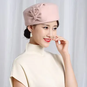 Aidase 100% Wool Felt Berets Women Party Flower Formal Fedora Hat Banquet Grace Woolen Pillbox Cap Beautiful Fascinator