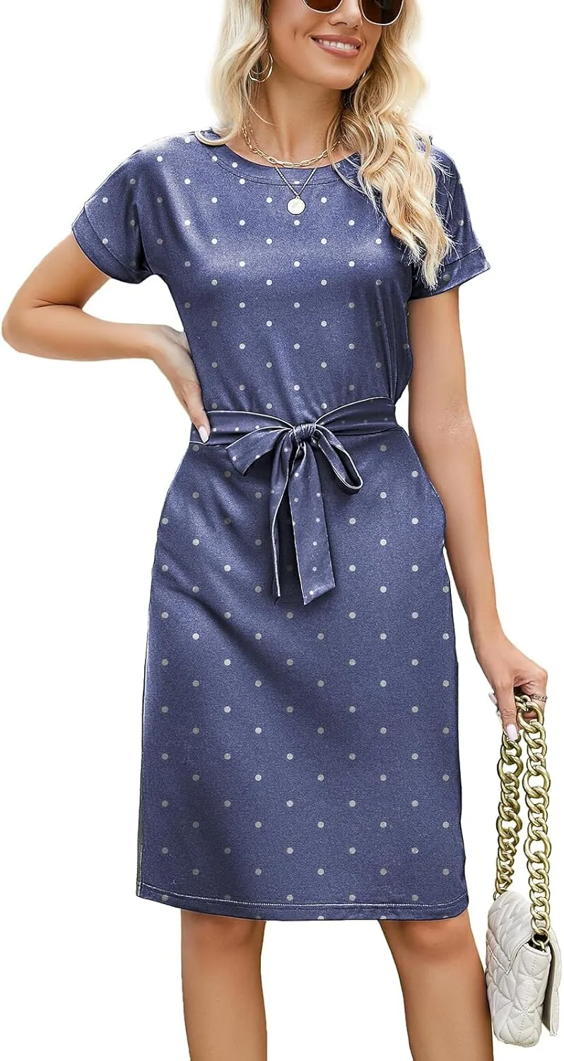 Arolina Womens Summer Short Sleeve Striped T Shirt Dress Casual Midi Dresses Crewneck Tie Waist with Pockets