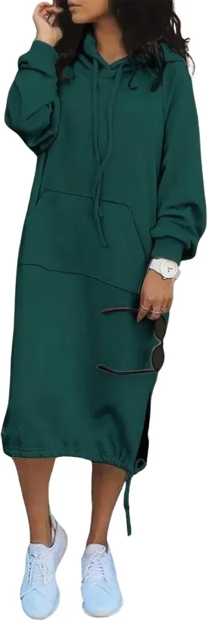 ebossy Women's Casual Loose Solid Color Drawstring Hoodie Fall Warm Fleece Sweatshirt Maxi Dress with Pocket