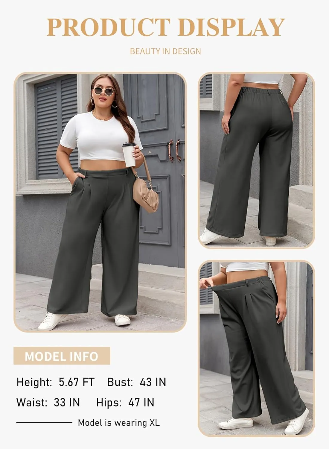 Eytino Womens Plus Size Wide Leg Dress Pants Elastic High Waisted Casual Waffle Palazzo Pants Trousers with Pockets(1X-5X)