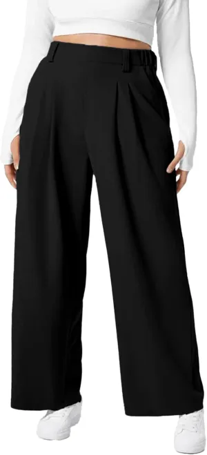 Eytino Womens Plus Size Wide Leg Dress Pants Elastic High Waisted Casual Waffle Palazzo Pants Trousers with Pockets(1X-5X)