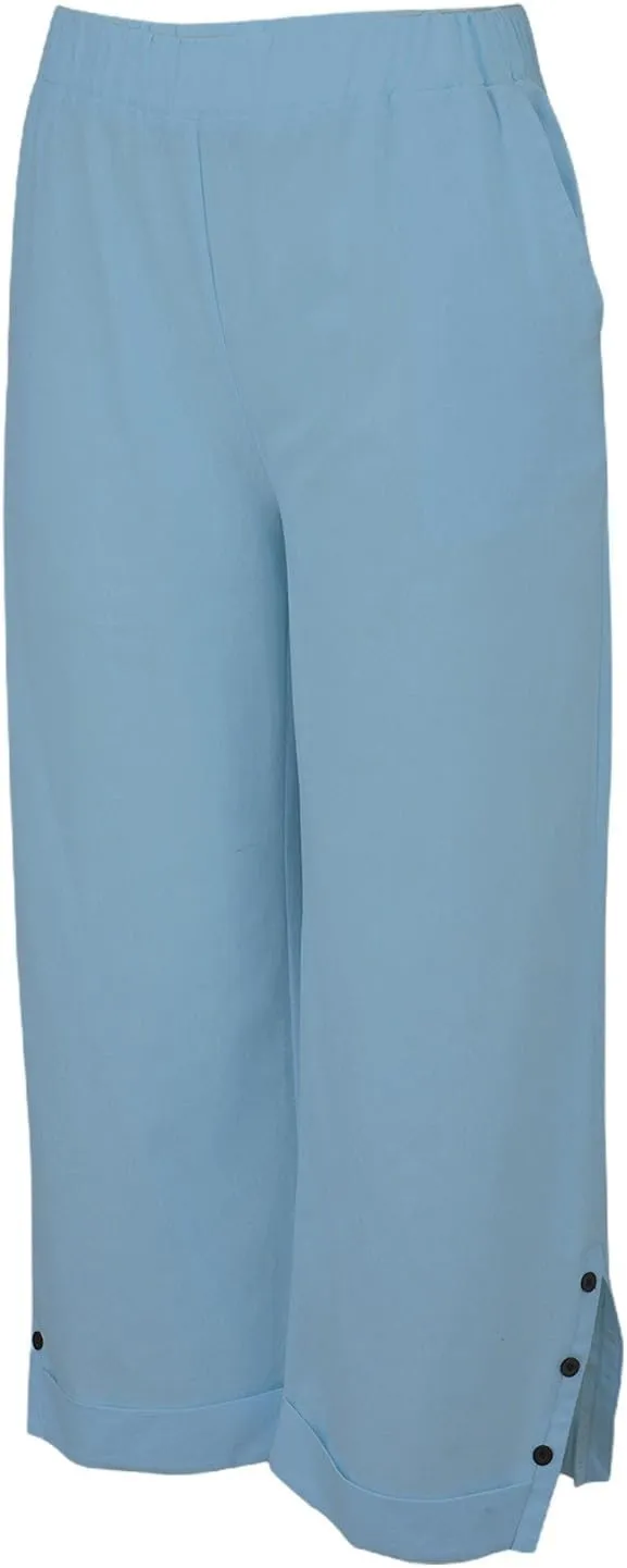 Linen Pants for Women Summer Elastic Waist Straight Leg Plus Size Crop Button Casual Beach Trousers with Pockets