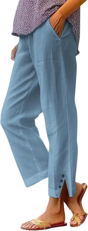 Linen Pants for Women Summer Elastic Waist Straight Leg Plus Size Crop Button Casual Beach Trousers with Pockets
