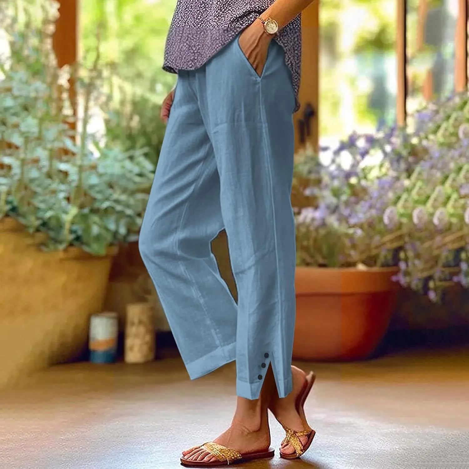 Linen Pants for Women Summer Elastic Waist Straight Leg Plus Size Crop Button Casual Beach Trousers with Pockets