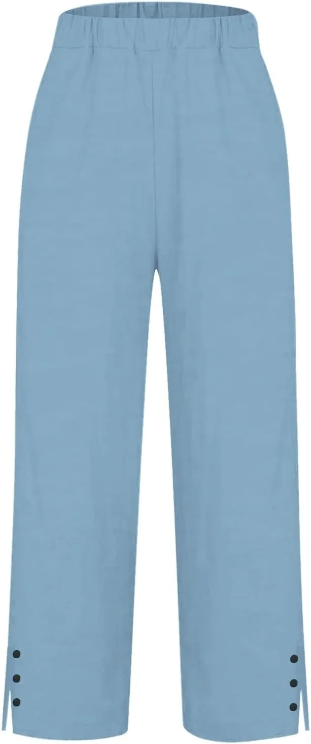 Linen Pants for Women Summer Elastic Waist Straight Leg Plus Size Crop Button Casual Beach Trousers with Pockets