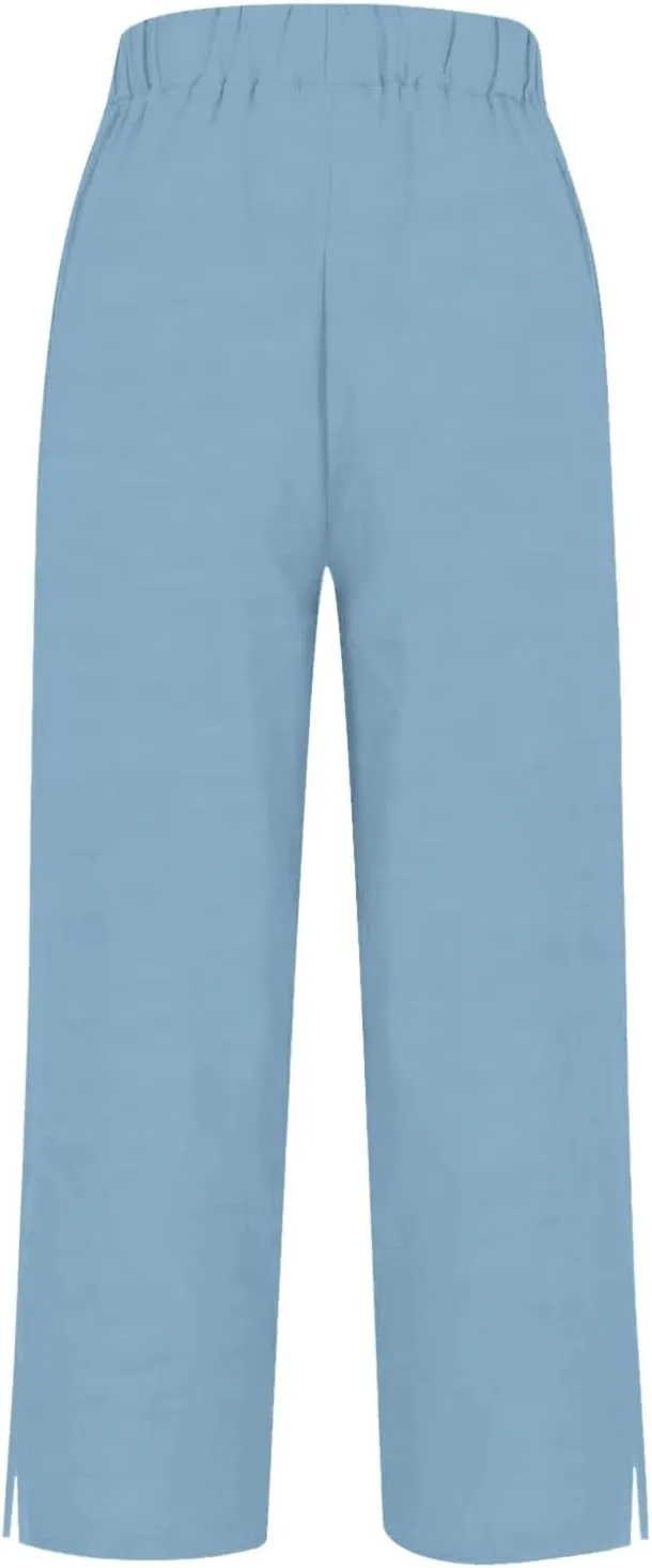 Linen Pants for Women Summer Elastic Waist Straight Leg Plus Size Crop Button Casual Beach Trousers with Pockets