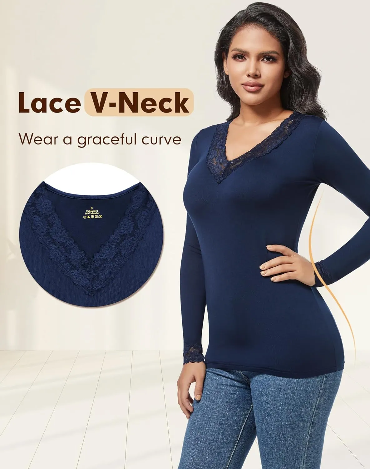 MANCYFIT Thermal Underwear for Women Long Sleeve Undershirt Lace V Neck Shirts Fleece Lined Tops Cold Weather