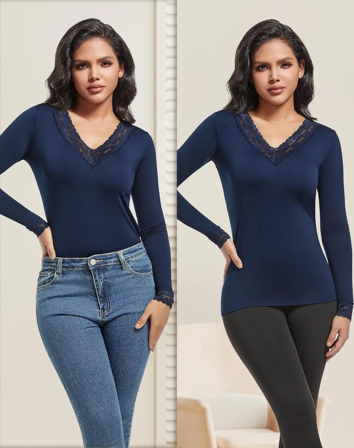 MANCYFIT Thermal Underwear for Women Long Sleeve Undershirt Lace V Neck Shirts Fleece Lined Tops Cold Weather