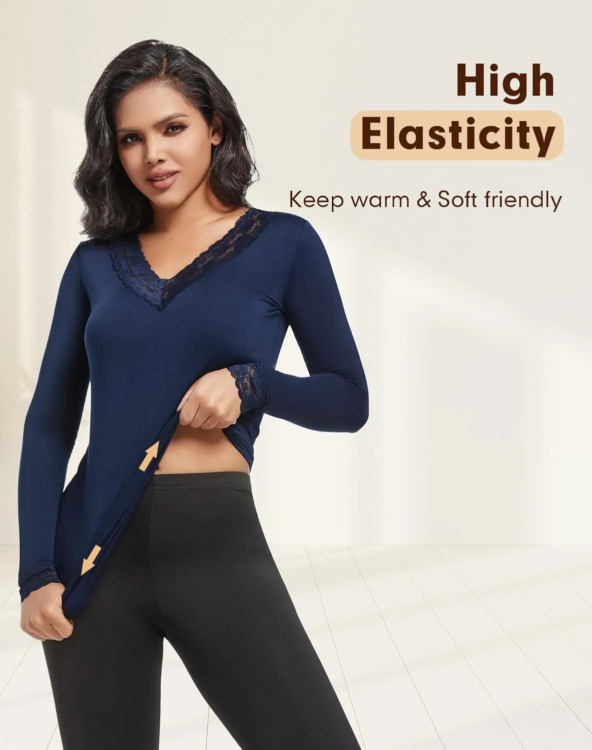 MANCYFIT Thermal Underwear for Women Long Sleeve Undershirt Lace V Neck Shirts Fleece Lined Tops Cold Weather