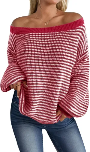 MARZXIN Women's 2025 Fall Long Sleeve Sweaters Casual Loose Striped Off Shoulder Casual Oversized Knitted Sweater Pullovers