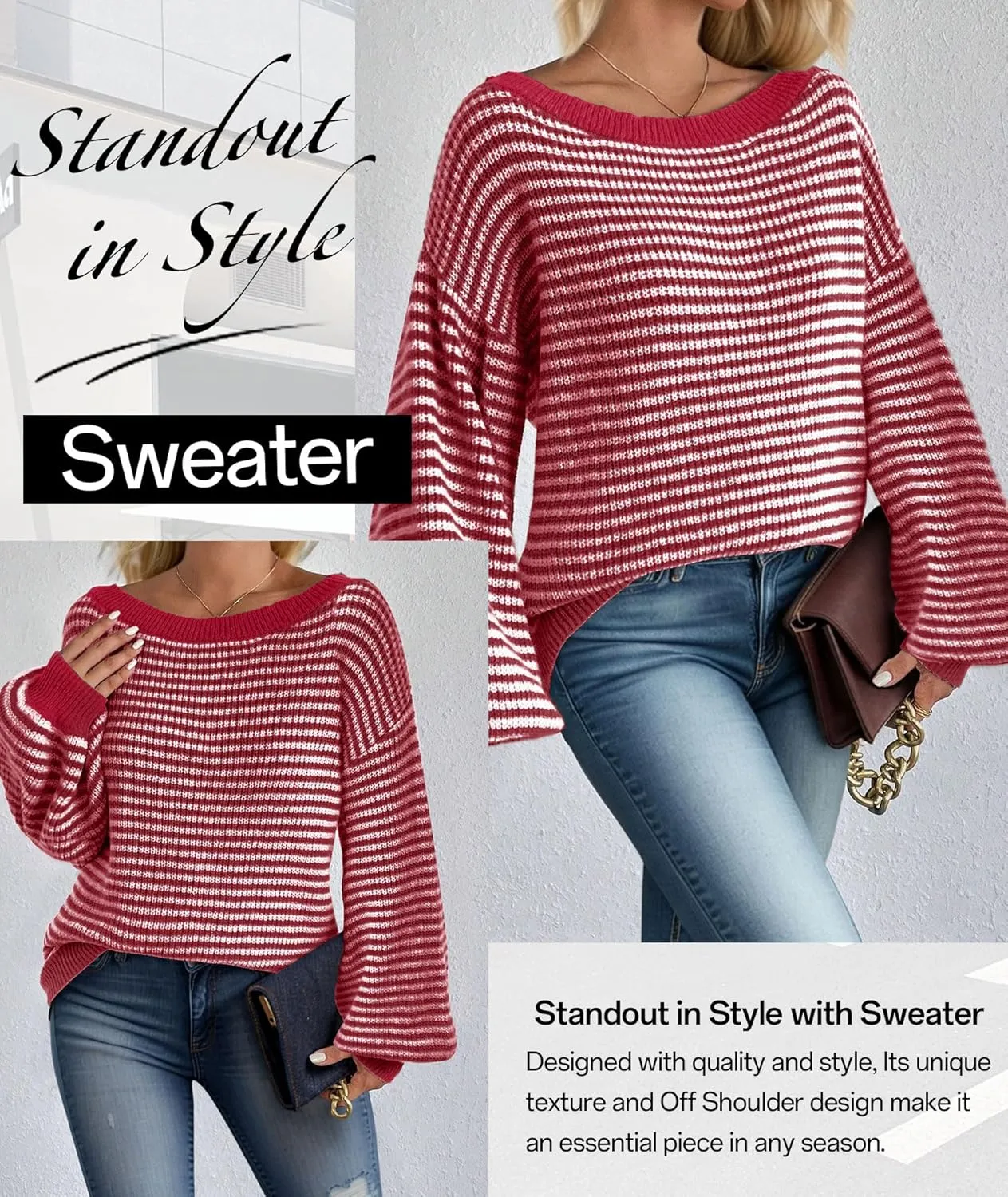 MARZXIN Women's 2025 Fall Long Sleeve Sweaters Casual Loose Striped Off Shoulder Casual Oversized Knitted Sweater Pullovers