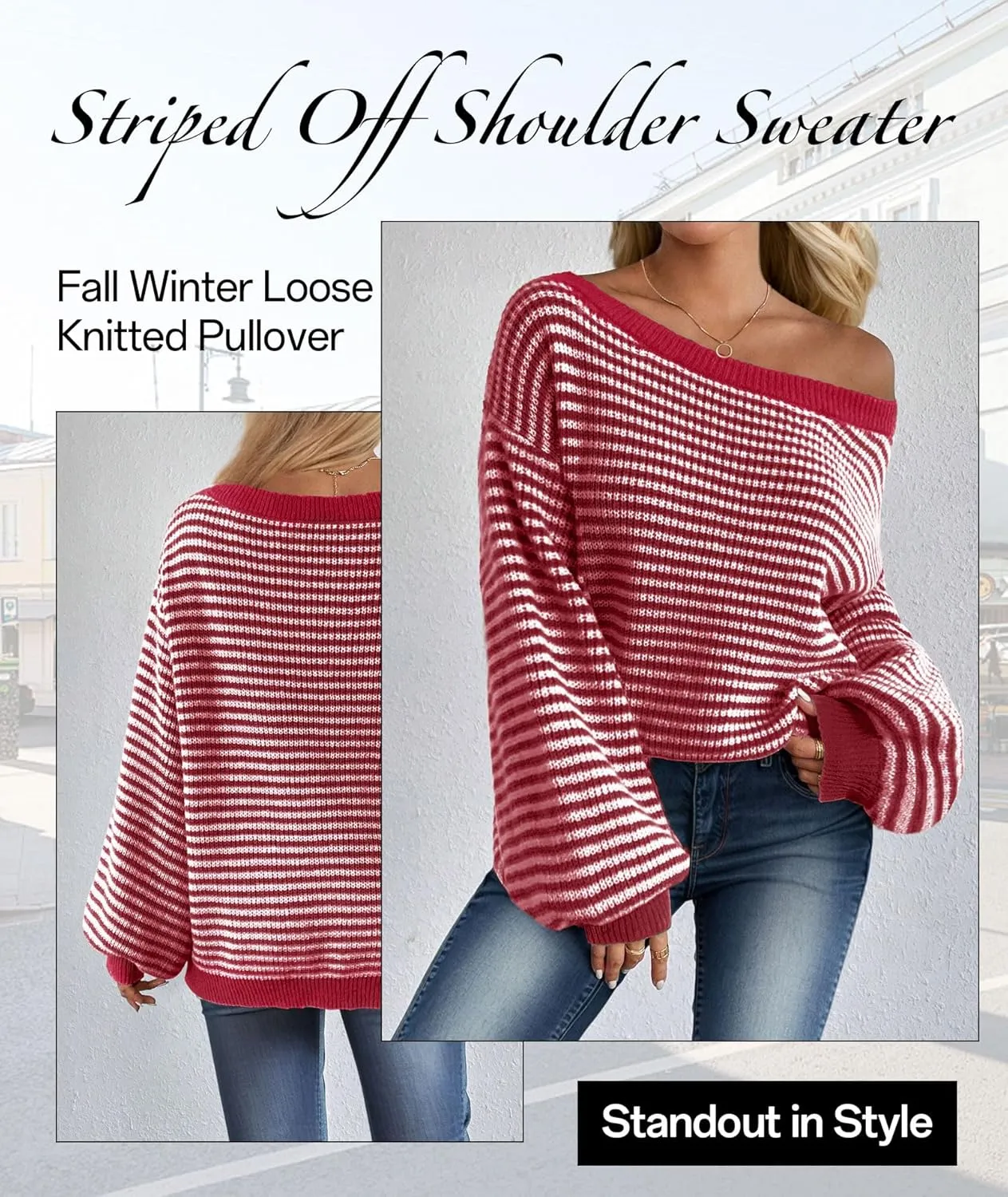MARZXIN Women's 2025 Fall Long Sleeve Sweaters Casual Loose Striped Off Shoulder Casual Oversized Knitted Sweater Pullovers