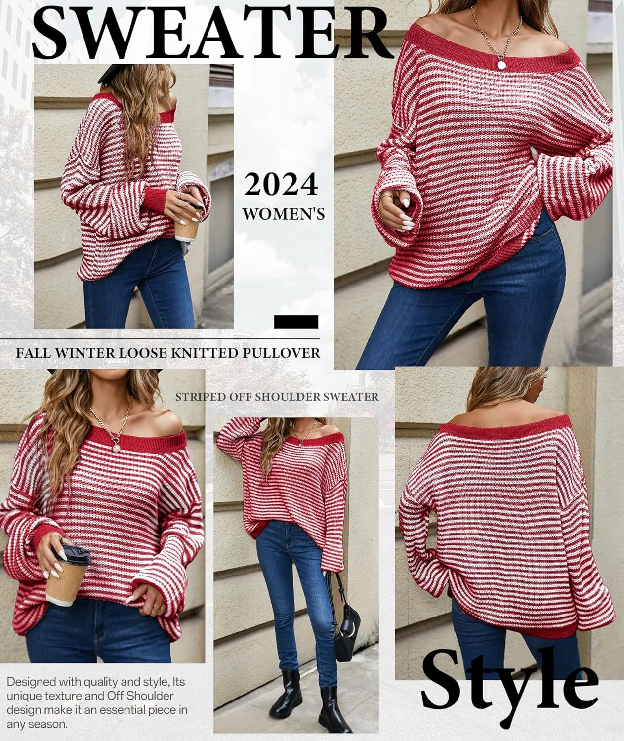 MARZXIN Women's 2025 Fall Long Sleeve Sweaters Casual Loose Striped Off Shoulder Casual Oversized Knitted Sweater Pullovers