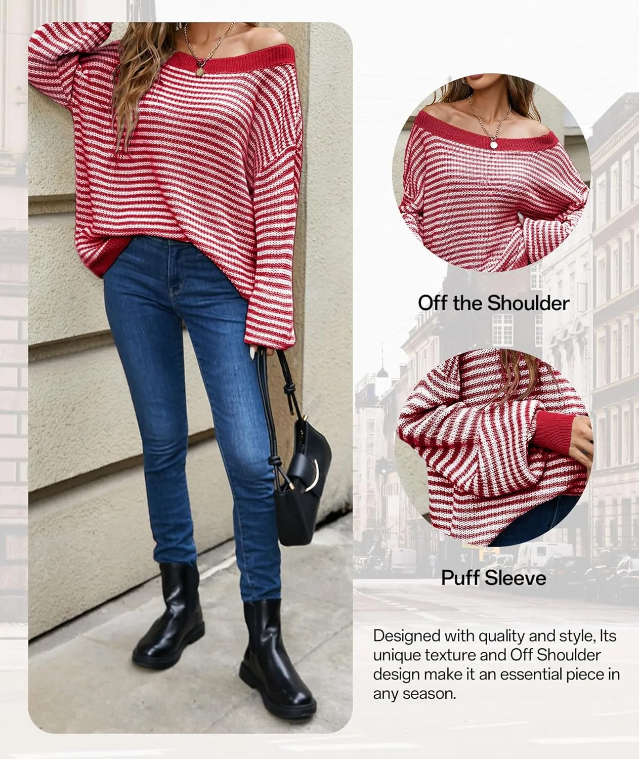 MARZXIN Women's 2025 Fall Long Sleeve Sweaters Casual Loose Striped Off Shoulder Casual Oversized Knitted Sweater Pullovers