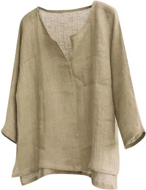 Men Cotton Linen Henley Shirts Hippie Baggy Breathable 3/4 Sleeve Blouse Summer Casual V Neck Beach Yoga Tunic Tops