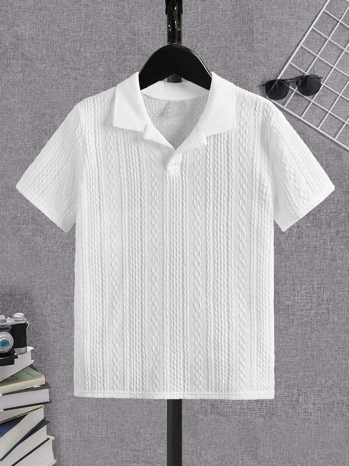OYOANGLE Boy's Short Sleeve Collar Neck Cable Knitted Solid Plain Golf Uniform Shirt