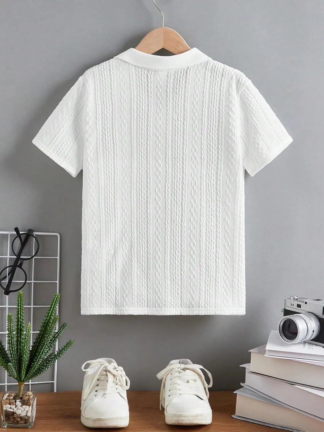 OYOANGLE Boy's Short Sleeve Collar Neck Cable Knitted Solid Plain Golf Uniform Shirt