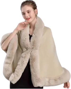 Poncho-Fur-Coat-Cape-Faux Fur-Ruana-blanket-Caplet-Wrap-Shrug-Sweater-dress shawl (Oatmeal Wool blend cape with faux fur trim)