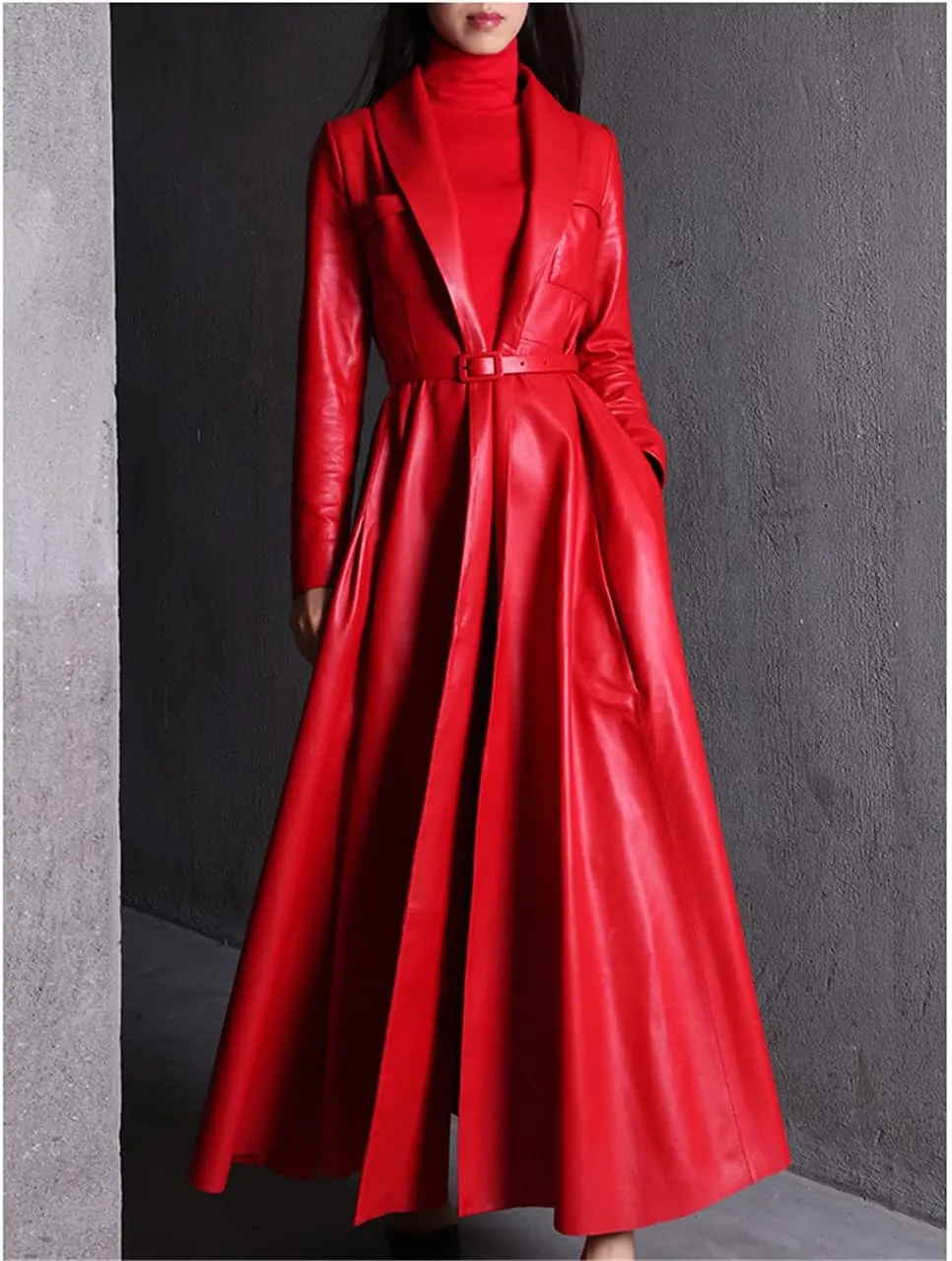 Red Black Maxi Leather Trench Coat, Women Long Skirted Elegant Overcoat Plus Size