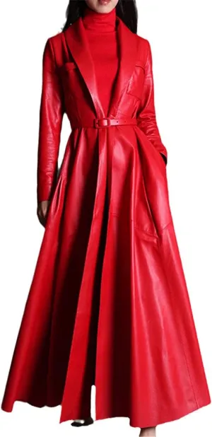 Red Black Maxi Leather Trench Coat, Women Long Skirted Elegant Overcoat Plus Size