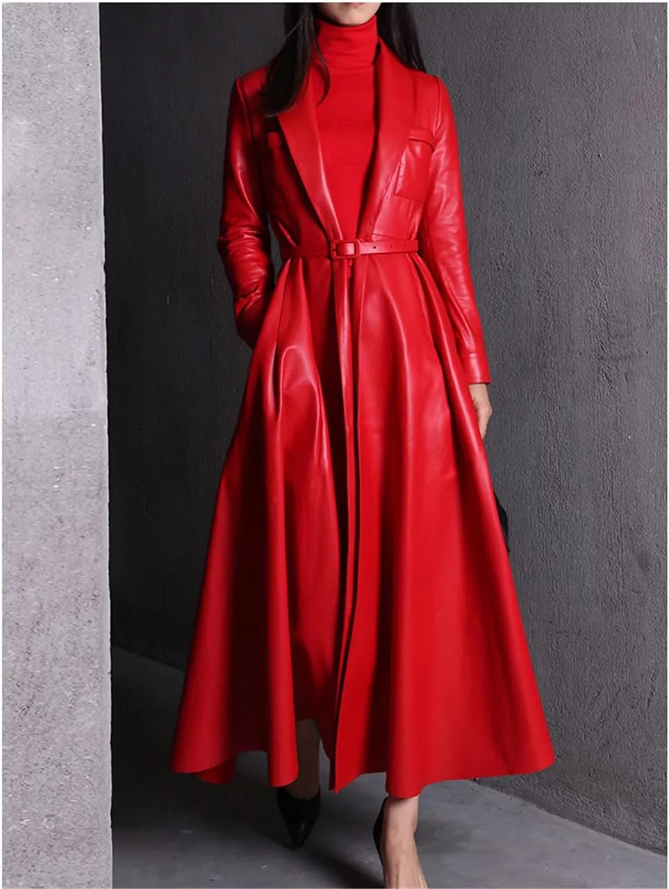 Red Black Maxi Leather Trench Coat, Women Long Skirted Elegant Overcoat Plus Size