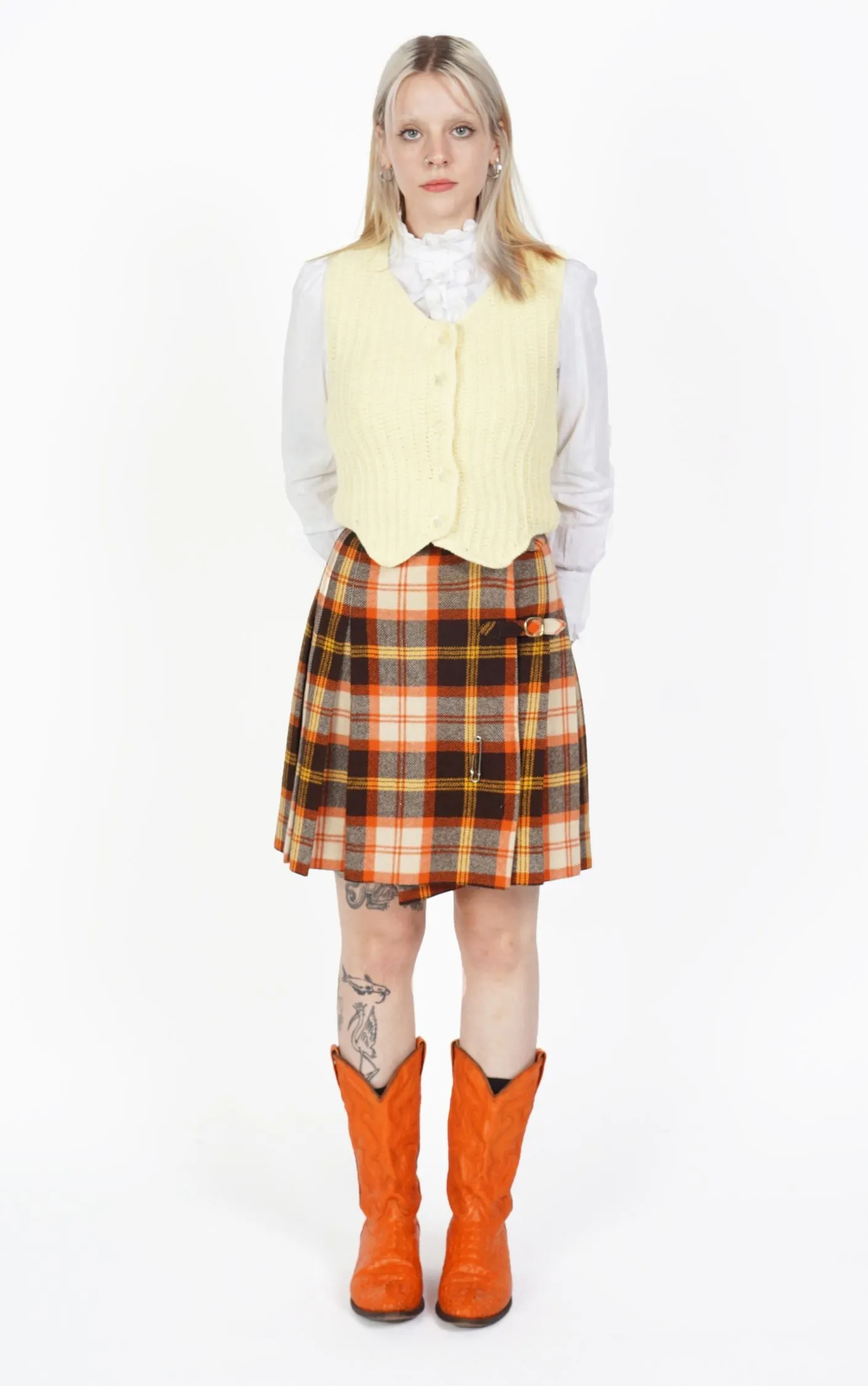 VINTAGE Wool Orange Tartan Plaid Pleated Preppy A-Line Mini Skirt