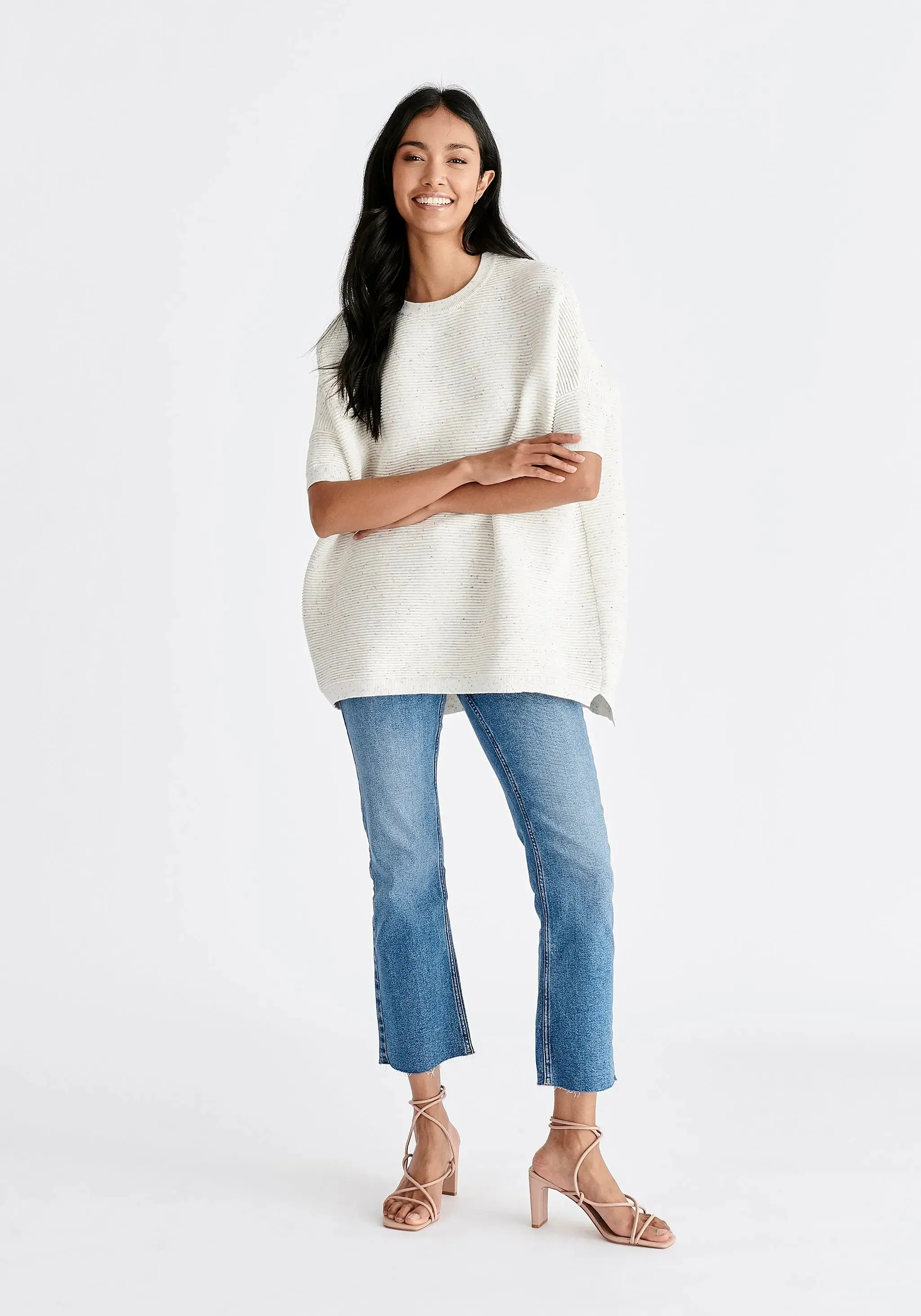 White and Multicolour Speckles Paisie Short Sleeve Ribbed Jumper