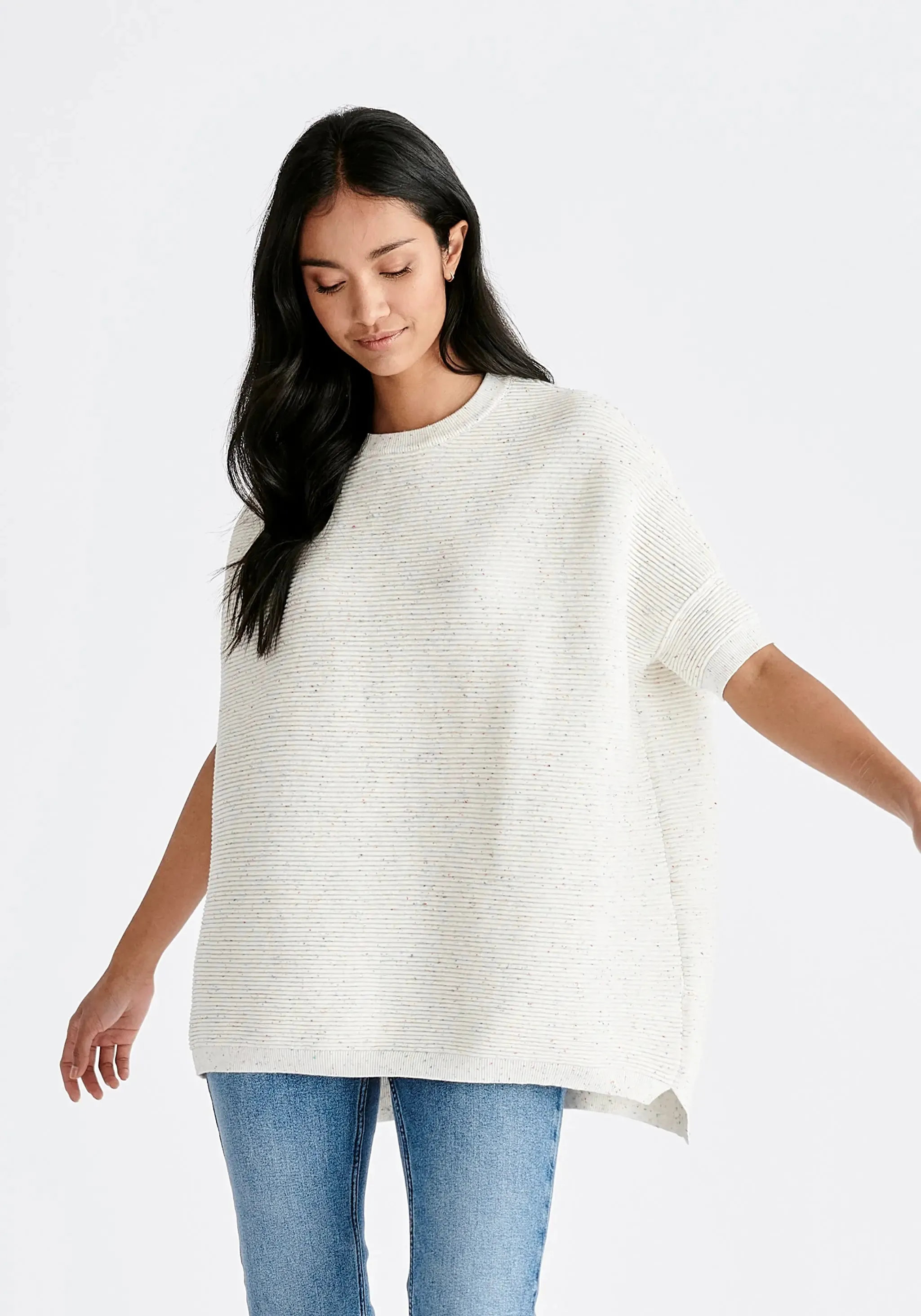 White and Multicolour Speckles Paisie Short Sleeve Ribbed Jumper