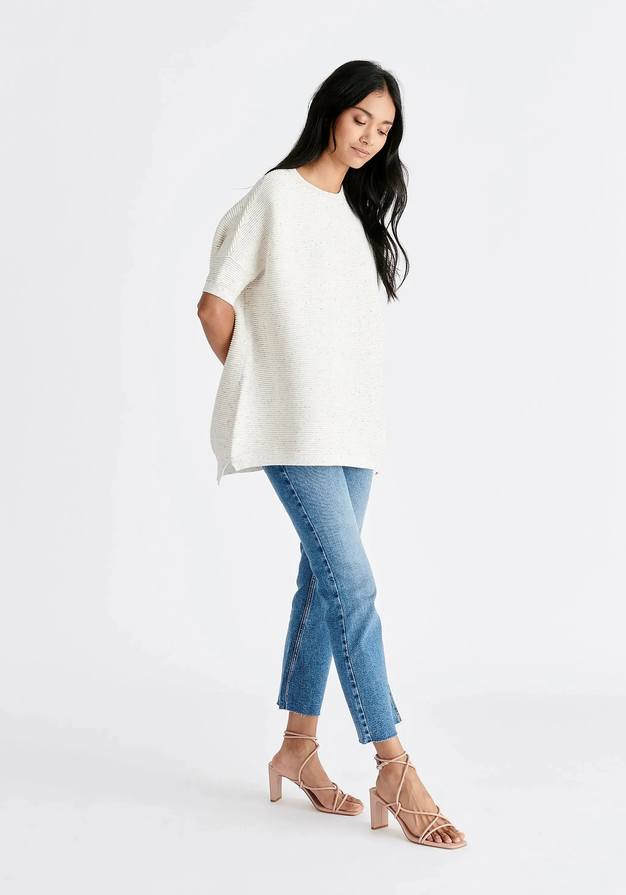 White and Multicolour Speckles Paisie Short Sleeve Ribbed Jumper
