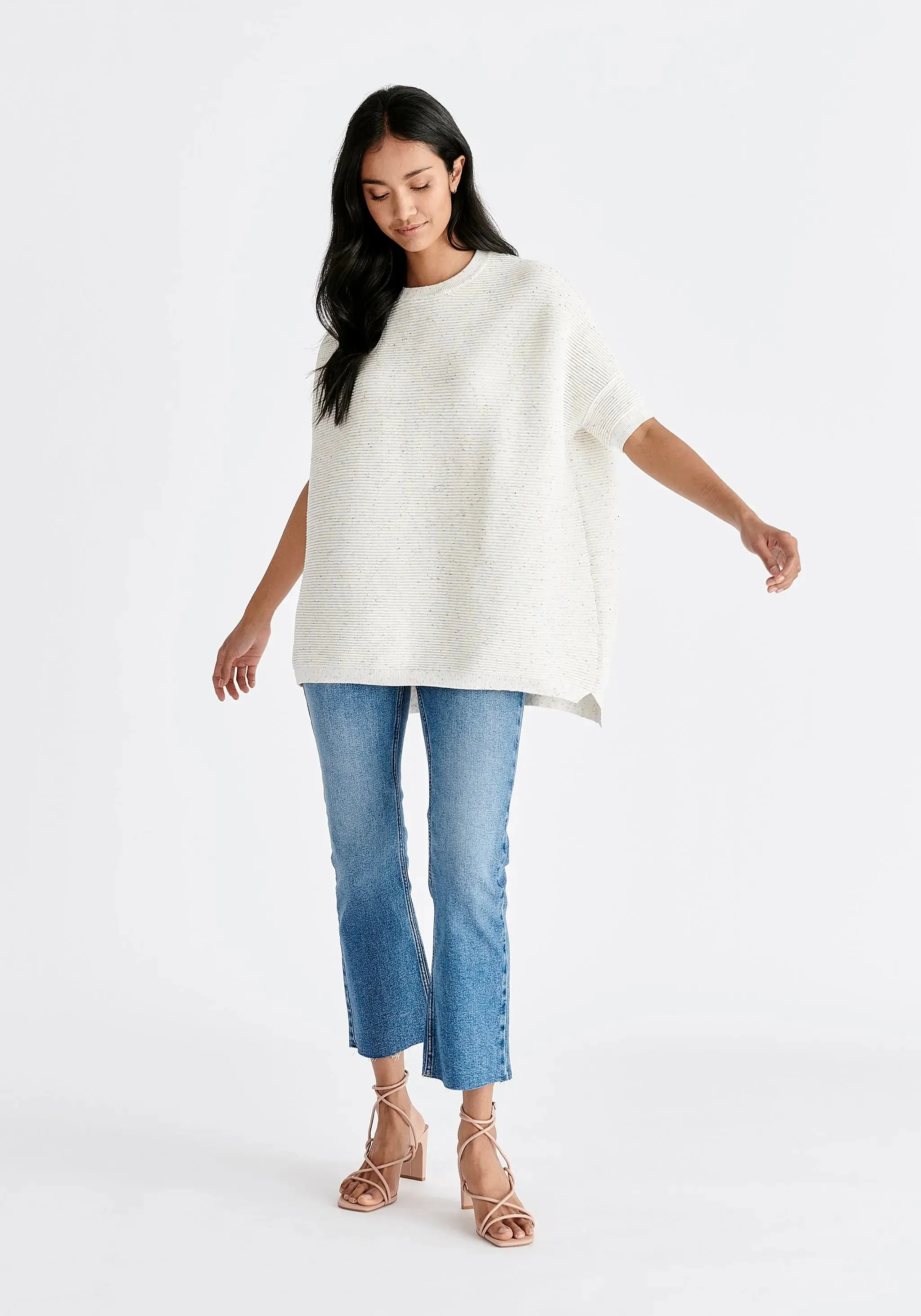 White and Multicolour Speckles Paisie Short Sleeve Ribbed Jumper
