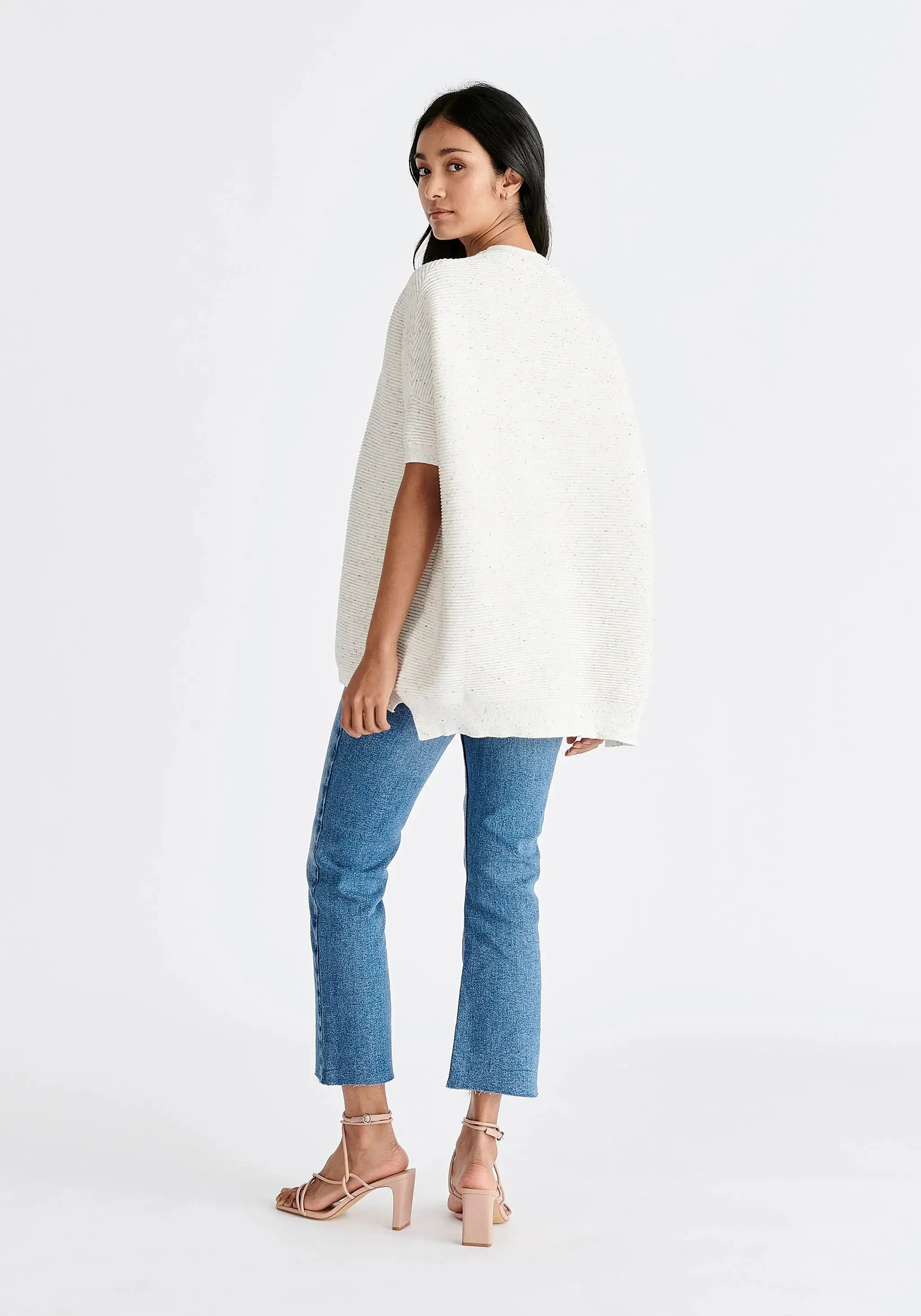 White and Multicolour Speckles Paisie Short Sleeve Ribbed Jumper
