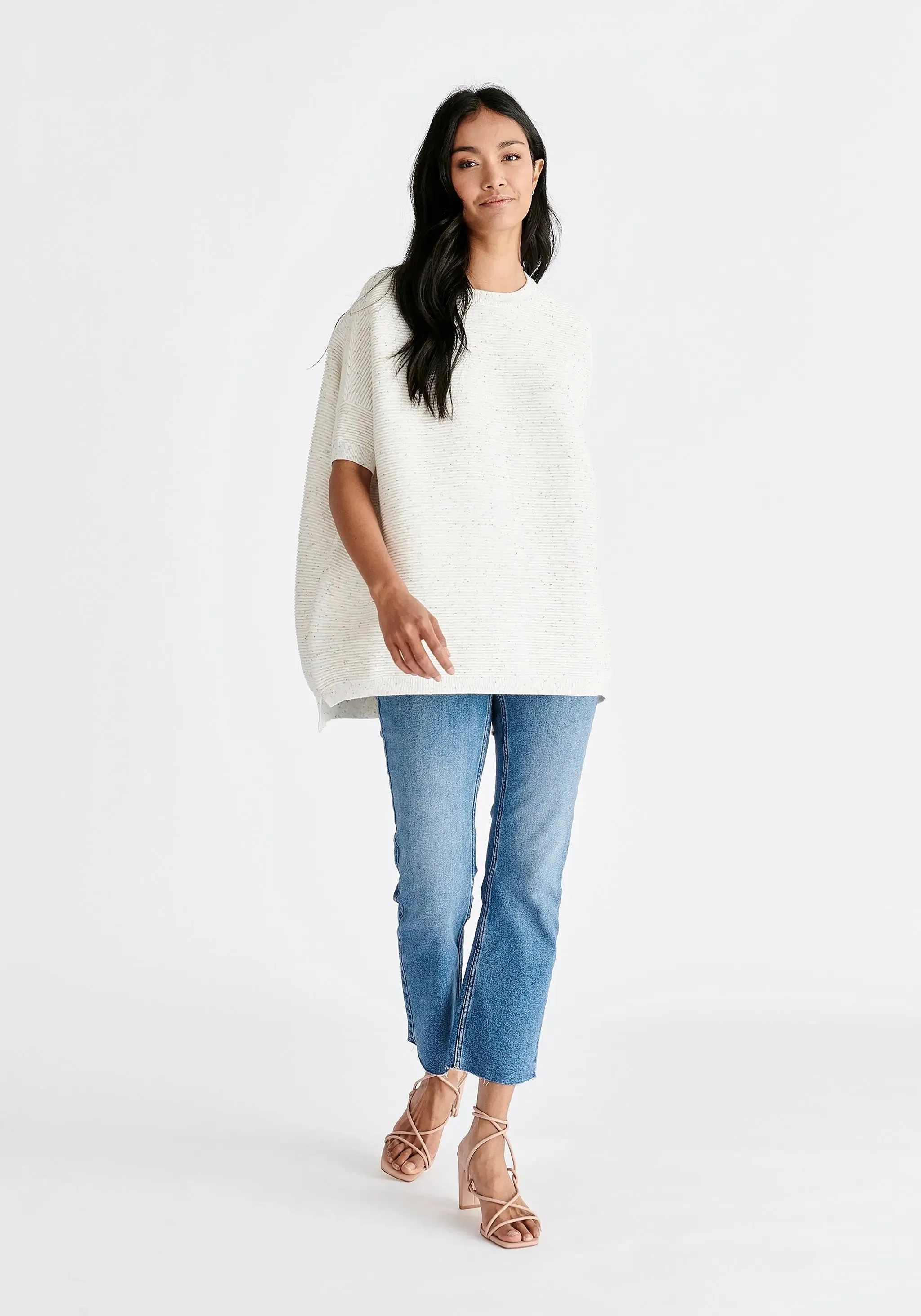 White and Multicolour Speckles Paisie Short Sleeve Ribbed Jumper