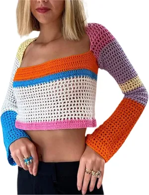 Women Hollow Out Pullover Loose Long Sleeve Crochet Sweater Knitted Oversized Cover Up Vintage Fairycore Grunge Top