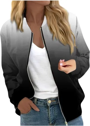 Women's Casual Floral Zip Up Bomber Jacket Long Sleeve Coat Stand Collar Lightweight Short Outwear Tops