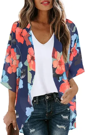 Women's Floral Cardigan Coverups Bohemian Kimono Loose Cover Up Tops Beach Swimsuit Puff Sleeve Blouse Female Chiffon Summer