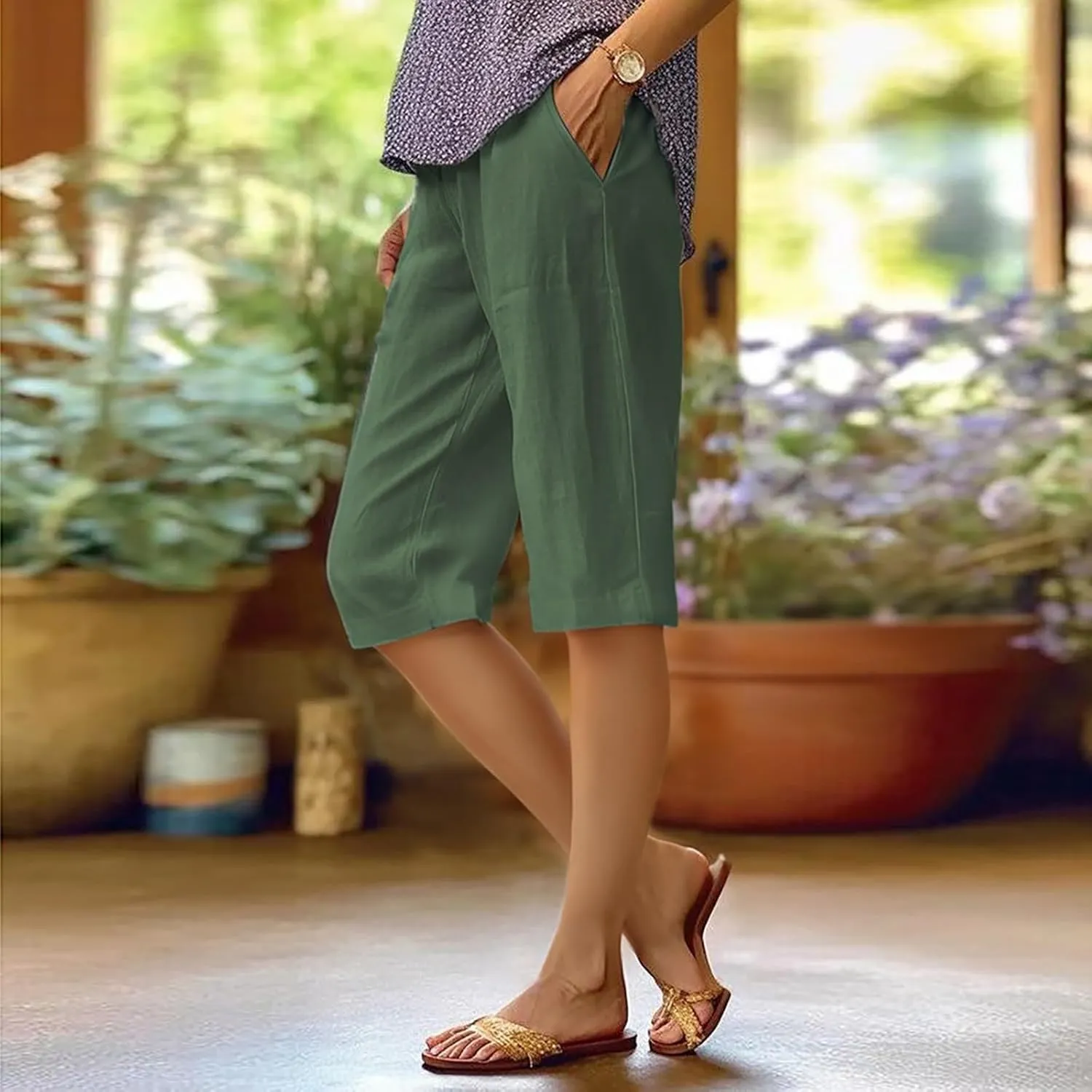 Women's Pedal Pushers Capri Jogger Pants Casual Linen Shorts Summer Lightweight Baggy Cropped Pant with Pocket