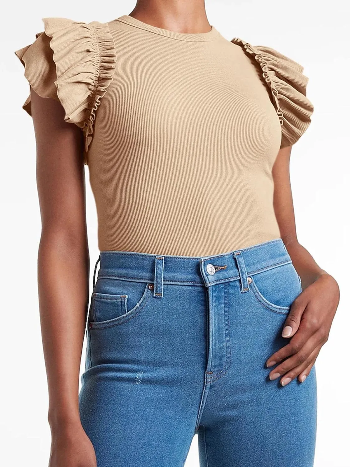 Womens Ruffle Short Sleeve Shirts Slim Fit High Neck Knit Ribbed Tops