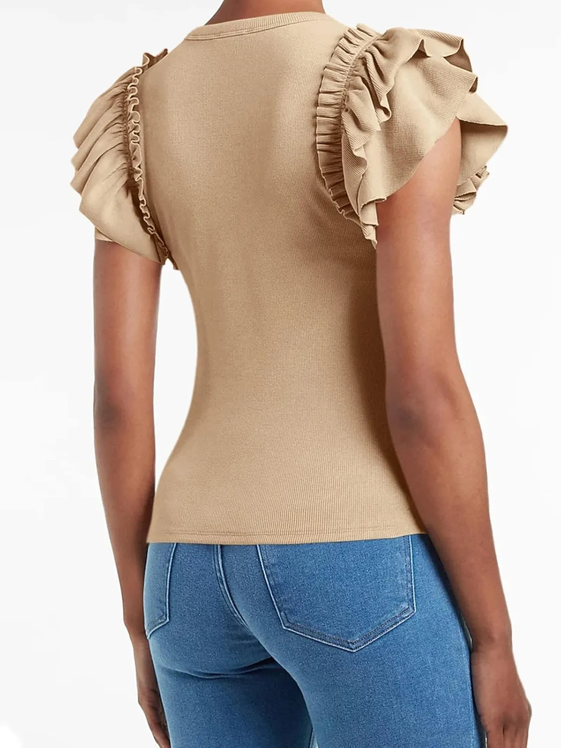 Womens Ruffle Short Sleeve Shirts Slim Fit High Neck Knit Ribbed Tops