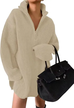 ZESICA Women's Long Sleeve Mini Sweater Dress Fall Quarter Zip Ribbed Knit Oversized Pullover Jumper Sweaters