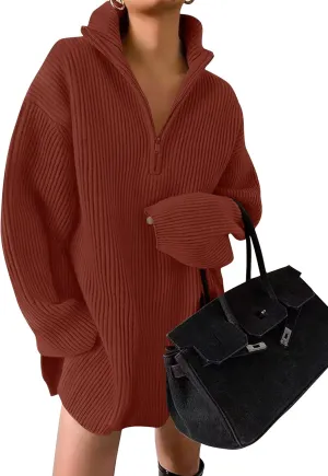 ZESICA Women's Long Sleeve Mini Sweater Dress Fall Quarter Zip Ribbed Knit Oversized Pullover Jumper Sweaters