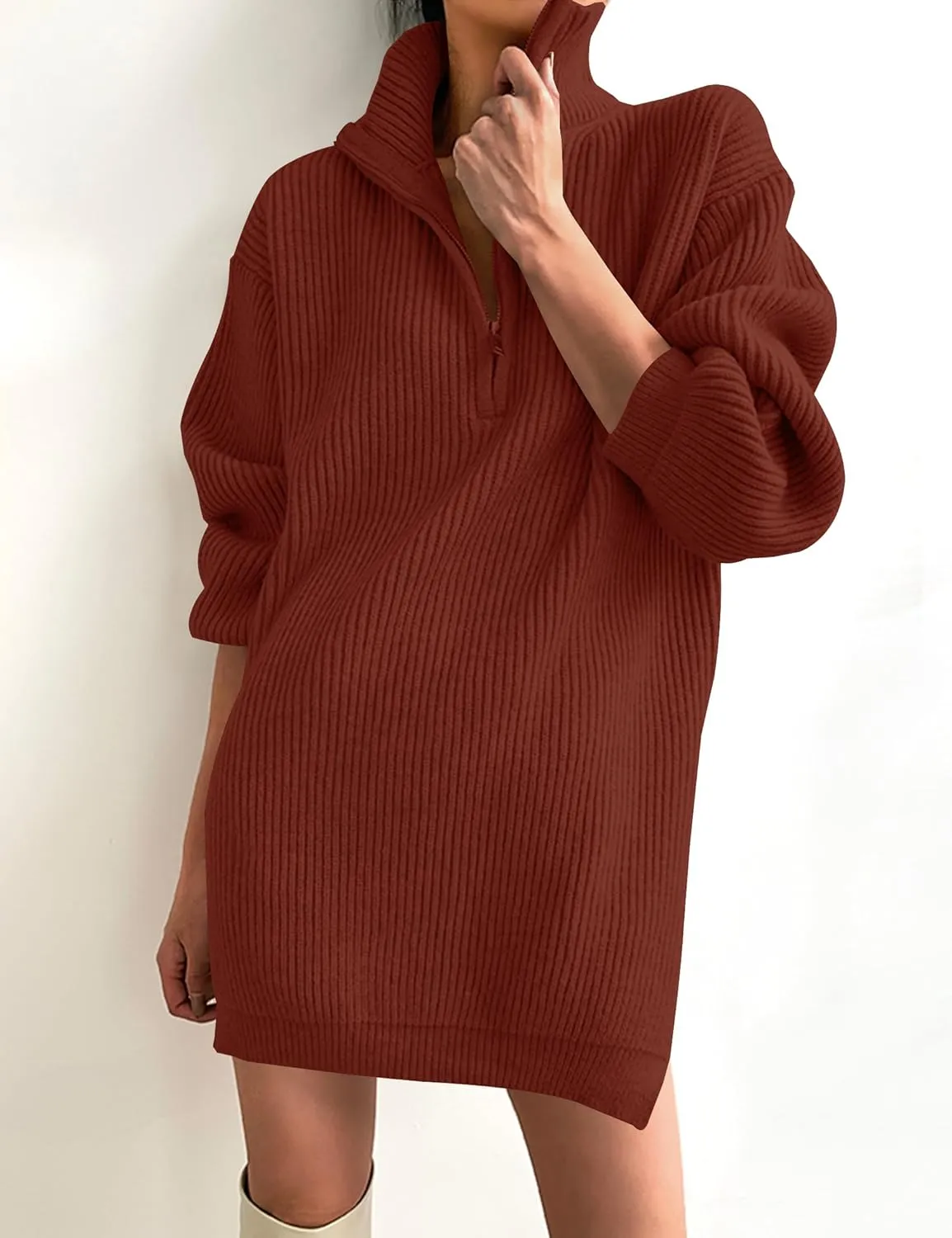 ZESICA Women's Long Sleeve Mini Sweater Dress Fall Quarter Zip Ribbed Knit Oversized Pullover Jumper Sweaters