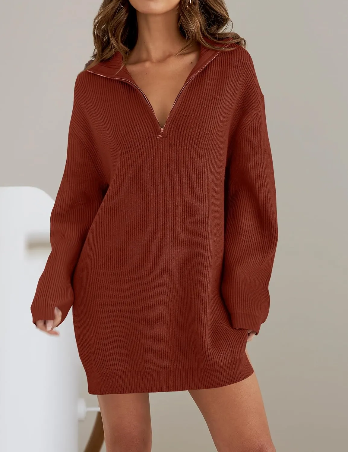 ZESICA Women's Long Sleeve Mini Sweater Dress Fall Quarter Zip Ribbed Knit Oversized Pullover Jumper Sweaters